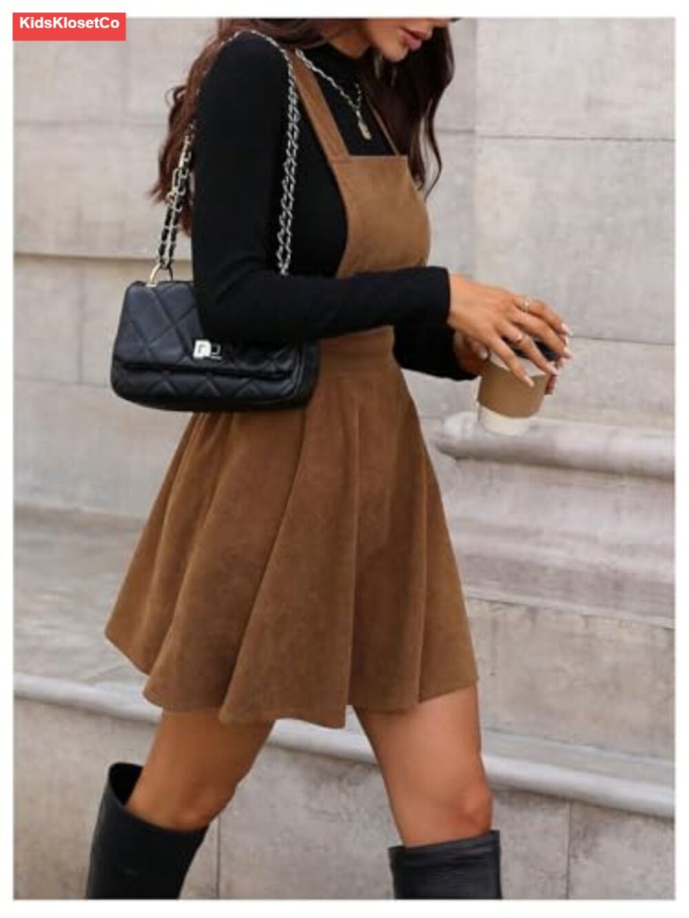 Corduroy Overall Mini Dress Sleeveless Square Neck A-line Pinafore - Picture 2 of 4